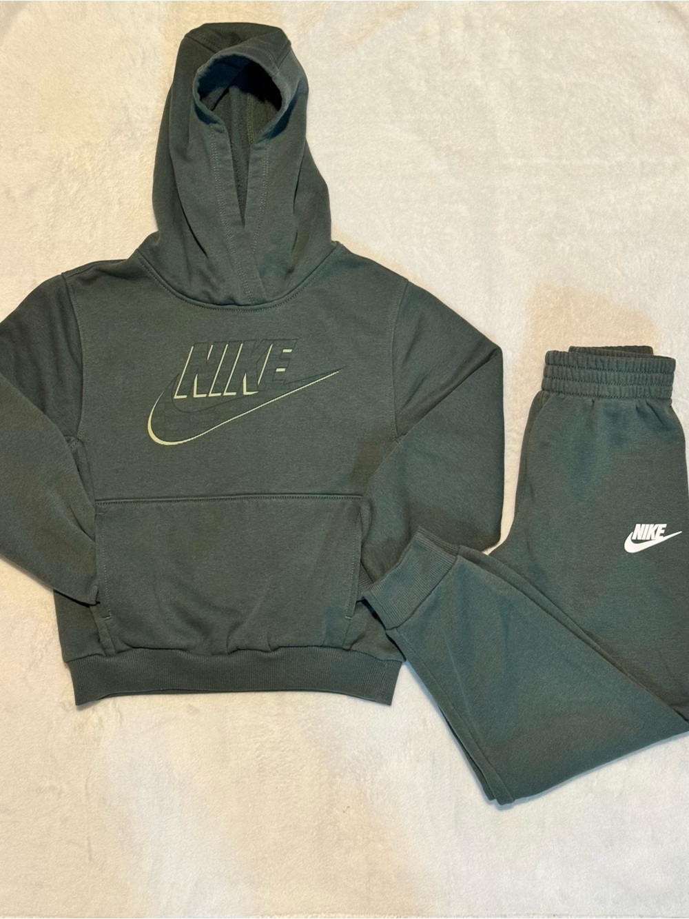 Nike Kids Olive Green Hoodie Neon Logo & Joggers Set with white Logo